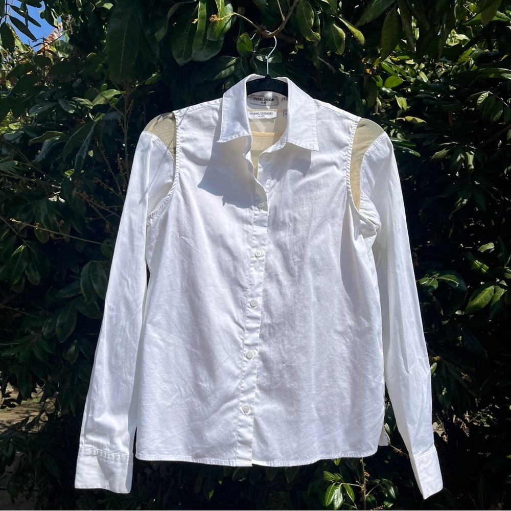 Opening‎ Ceremony white mesh insert contrast long sleeve button up shirt